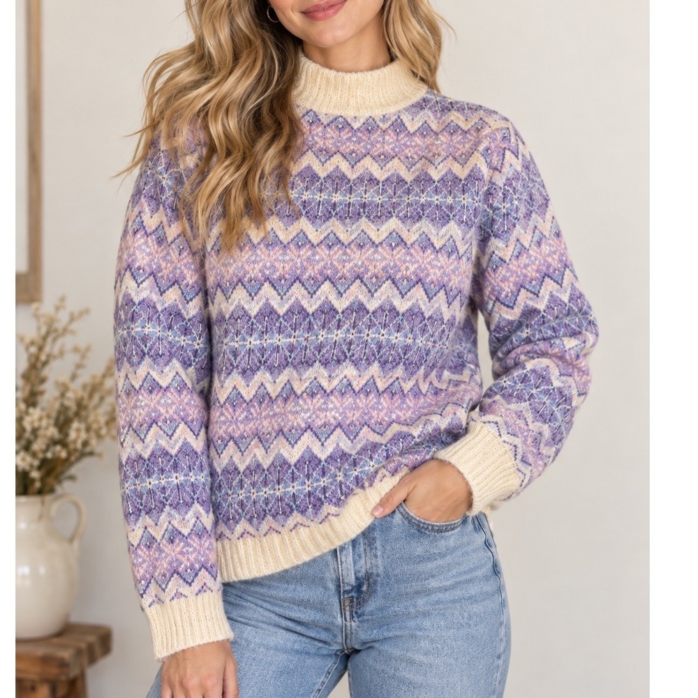 Fair Isle Sweater Purple Pink Nordic Knit Mock Neck Cottagecore Winter Medium